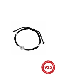 Pulsera ajustable de cuerda negra trenzada de plata esterlina S925 con cuentas de la suerte para parejas, hipoalergénica, regalo del Día de San Valentín - Negro - Ver 1