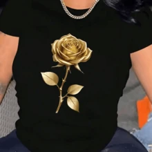 Rose Women's T-Shirt Comfortable Round Neck Casual Cotton Blend Short Sleeves Soft Breathable Women's Clothing Top Summer Spring Streetwear Fabric - 黑色 - 查看 1