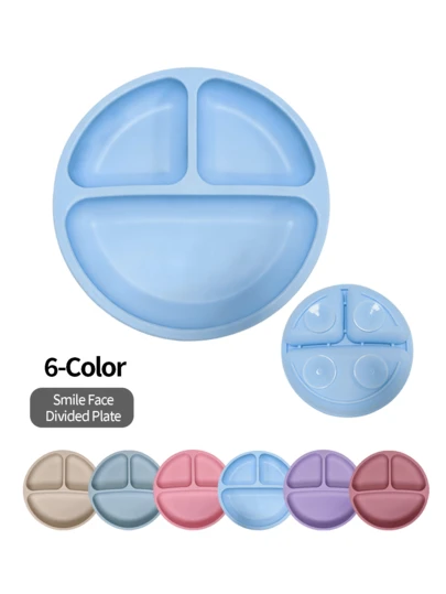 Bộ đồ ăn dặm 3 món, đĩa silicon chia ngăn hình mặt cười 6 màu có đế hút chống trượt, thìa silicon mềm cán gỗ, thích hợp cho trẻ sơ sinh trên 6 tháng tuổi, quà tặng chăm sóc bé lý tưởng.