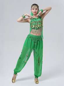 Belly Dance Costume: Gold Coin Spaghetti Strap Top + Harem Pants + Headscarf, Suitable For Performance, Halloween And Theme Parties (Multiple Colors Available) - Multicolor - View 31