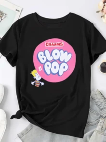 Gran círculo rosa con letras grandes que evocan una sensación de diversión y dulzura acompa?ado de un personaje alegre que transmite energía positiva y juventud ideal para expresar un espíritu libre y optimista camiseta de mujer casual moderna cómoda para uso diario - Negro - Ver 1