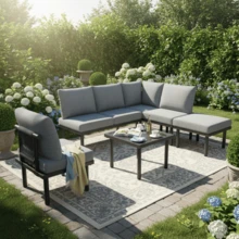 Set Of 6 Garden Lounge Chairs With Galvanized Iron Frame, Rope Garden Furniture Set, Beige Braided Rope, Adjustable Legs, Smooth Glass Tabletop, Includes All Seat And Back Cushions, Beige - 灰色 - 查看 4
