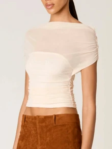 Women's Y2k Off The Shoulder Sheer Mesh Tops See Through Solid Color Short Sleeve Ruched Slim Fit Crop Tops Going Out Streetwear - Ivory - View 3