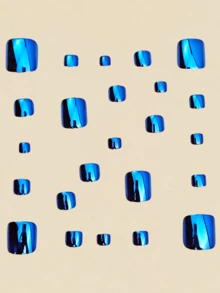 24 piezas Uñas postizas cortas estilo Y2K con acabado galvanizado azul, puntas de manicura desechables - Azul - Ver 2