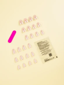 24片简约裸色纯色按压式美甲片，闪亮美甲艺术假指甲，短款杏仁形假指甲，美甲套装，包含1张粘合贴片和1个指甲锉，适合日常佩戴 - 彩色 - 查看 2