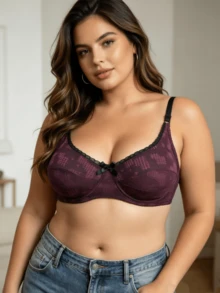 1pc Purple Minimalist Sexy Semi-Sheer Underwire Lace Trim Adjustable Strap Plus Size Bra - Purple - View 3