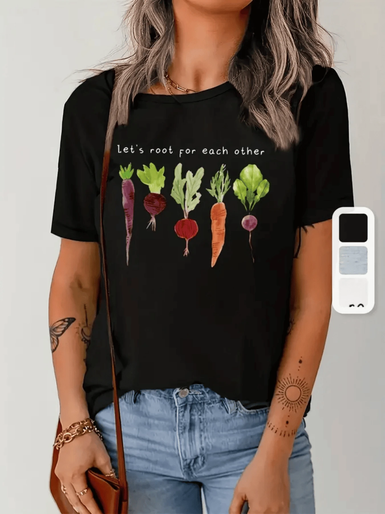 Colorful Vegetables With Roots Symbolizing Unity, Support, And Mutual Growth In A Cheerful And Natural Composition. Women's Round Neck Short Sleeve T-Shirt, Casual And Comfortable For Everyday Wear. - 黑色 - 查看 1