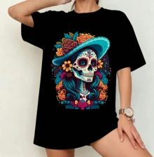 Day Of The Dead Colorful Cat Skull T-Shirt | Gender-Neutral Oversized Mexican Design Shirt Black - Black - View 9