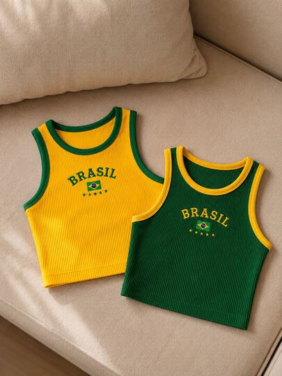 Kit 2 Camisa Do Brasil Feminina  Regata Canelada Moda Copa
