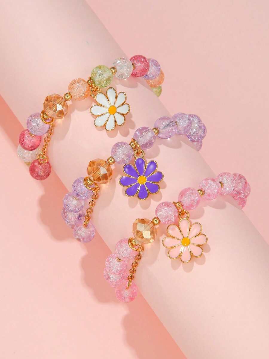 3pcs/Set Kids Daisy Flower Crystal Beaded Bracelet Set | Colorful Beaded Bracelets For Girls, Friendship Jewelry - Multicolor - View 1