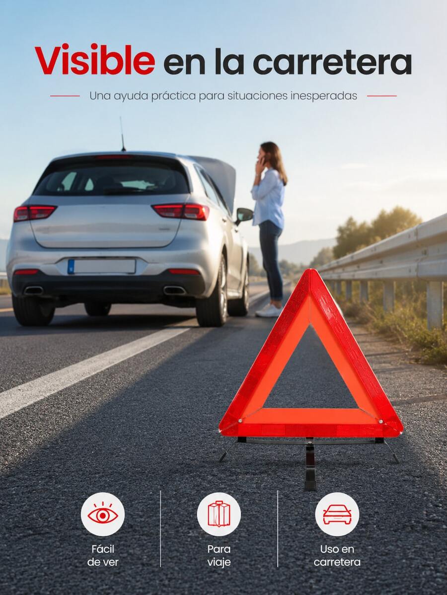 Triángulo de emergencia de alta visibilidad con base metálica resistente para una estabilidad máxima. Triángulo de  vial duradero y reflectante por la noche. Triángulo de emergencia robusto y reflectante para averías de coche. Kit de triángulos de emergencia de  para accesorios de automóvil - A - Ver 1