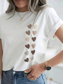 Rows Of Hearts In Soft Tones Symbolize Emotional Connection And Inner Harmony With A Modern Touch To Express Sensitivity And Elegance. Casual White Women's T-Shirt With Romantic And Comfortable Artistic Print For Everyday Wear - 白色 - 查看 8