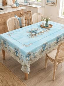 1pc Light Blue Beach Print Polyester Tablecloth, Starfish Shell Drift Bottle Floral Pattern, Round/Rectangular Optional, Wavy Edge Wrinkle-Resistant Waterproof, Suitable For Kitchen Dining Room, Outdoor Garden Patio, Vacation Party And All-Season Home Decor - Baby Blue - View 2