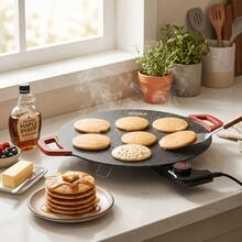 AORAN Electric Grill Pan With Red Handle, Indoor Electric Frying Pan, Household Barbecue Pan, Grill Pan, Non-Stick Pan, Outdoor Barbecue Pan. Adjustable Power Settings. Suitable For Breakfast And Family Gatherings. - US B Type Plug(110-127V) - View 2