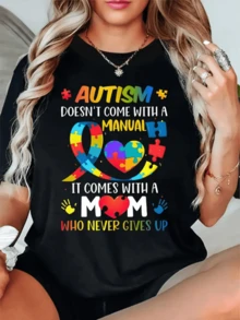 Heart Made Of Colorful Puzzle Pieces Symbolizing Love, Patience, And Support For Autism, Highlighting A Mother's Unwavering Strength. Comfortable And Casual Women's T-Shirt - 黑色 - View 8
