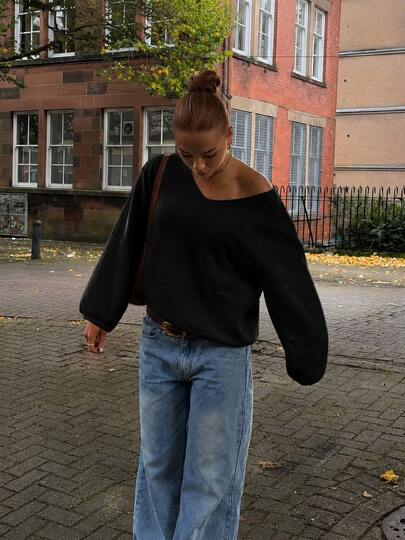 Joy Knit Women's Sweater Autumn/Winter Fashion New Style - All-Match Tops - Simple Casual Fashion Versatile - Solid Color Rolled Hem Deep V-Neck Black