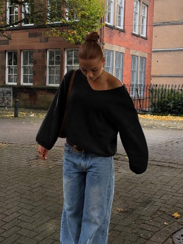 Damski sweter Joy Knit na jesień/zimę, nowy styl, uniwersalny top do każdej stylizacji, prosty casualowy, jednolity kolor, z podwiniętym dołem i głębokim dekoltem w serek, czarny