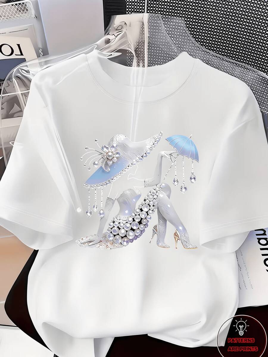 Camiseta de Mujer con Adornos de Pedrería, Adecuada para Uso Diario - Suave y Transpirable, de Poliéster, Cuello Redondo, Manga Corta, Blusa Compatible para Atuendos Casuales y para Usar en Capas, Lavable a Máquina, Camiseta Antideslizante - Blanco - Ver 1