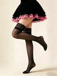 1 Pair Women's Black Lace Top Thigh High Stockings, Lace Trim Over-The-Knee Socks, Sexy Cute Elastic Pantyhose Suitable For Party, Date And Daily Wear - Black - View 5