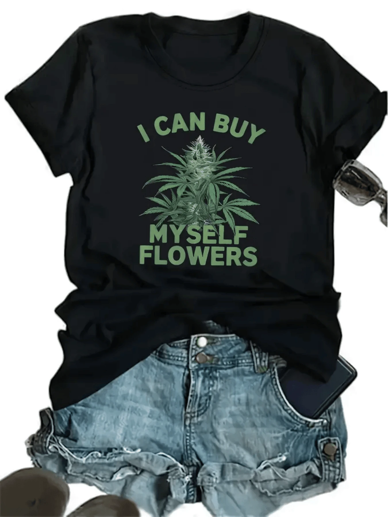 Green Plant Design With Inspirational Text Expressing Independence, Self-Love, And Natural Energy. Women's Casual, Modern, Comfortable T-Shirts Perfect For Everyday Wear. - 黑色 - 查看 1