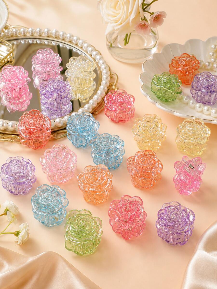 20 piezas de Clips para el cabello con flores de rosa huecas y de moda, adecuados para niñas, clips para cola de caballo huecos de 2 cm, disponibles en múltiples colores - Multicolor - Ver 1