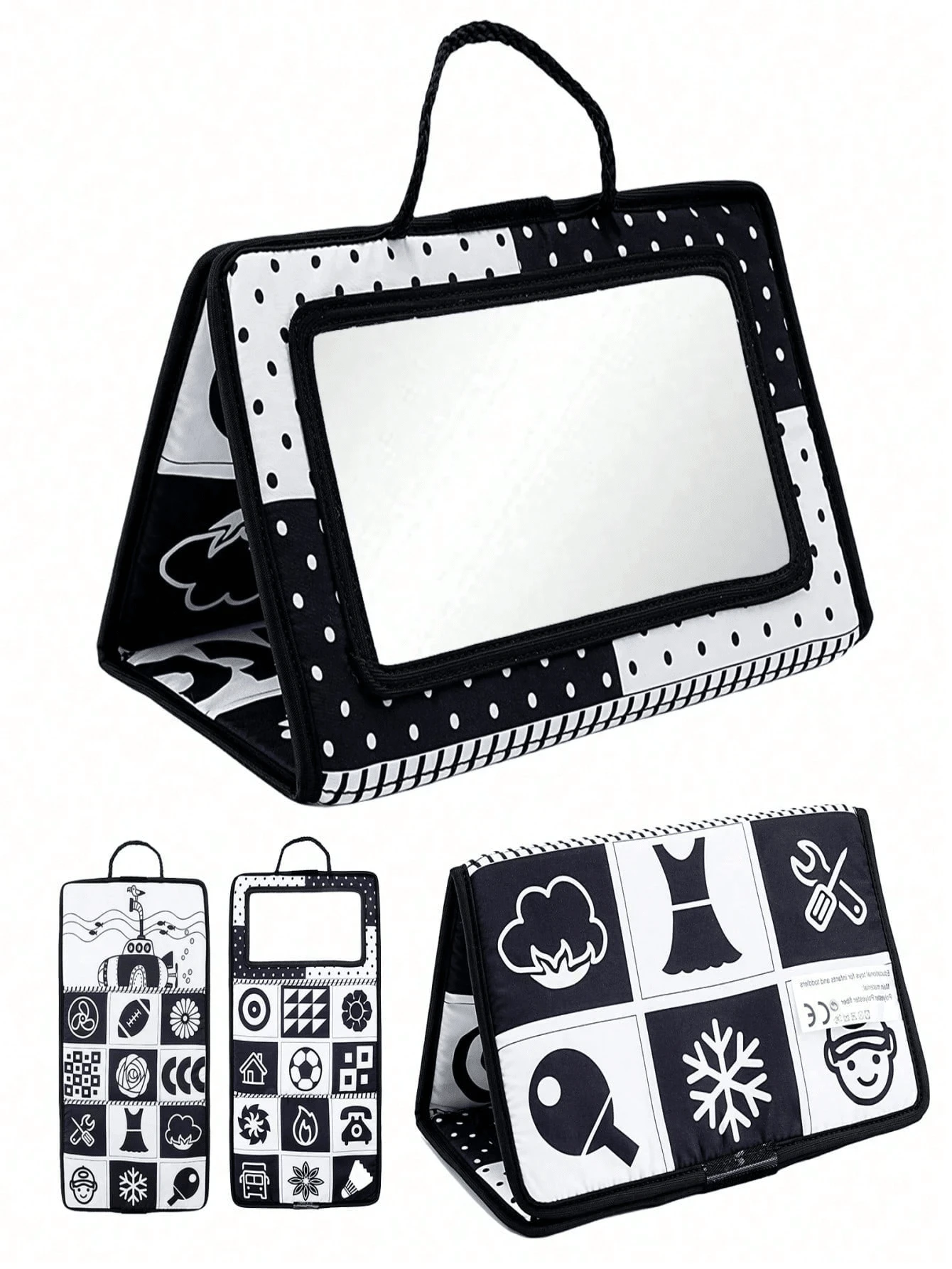 Newborn Foldable Cloth Book With Mirror, Infant Sensory Fabric Toy, Montessori Development Crawling Toy, Black And White Visual Stimulation Hanging Toy, Suitable For 0-18 Months Babies, Ideal Christmas/Birthday Gift For Baby Boys And Girls