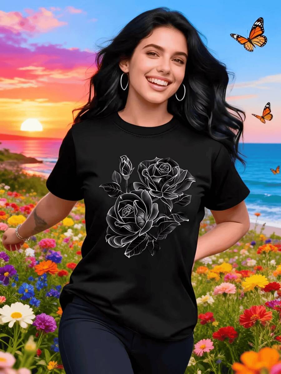 Rosas en tonos oscuros que representan elegancia fuerza interior y la belleza que florece incluso en la adversidad camiseta de mujer casual cómoda para uso diario - Negro - Ver 1