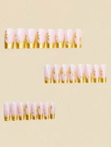 24片 3D鍍金浮雕法式風格美甲貼紙，Y2K風格長方形美甲貼紙，美甲用品 - 金色 - 查看 2