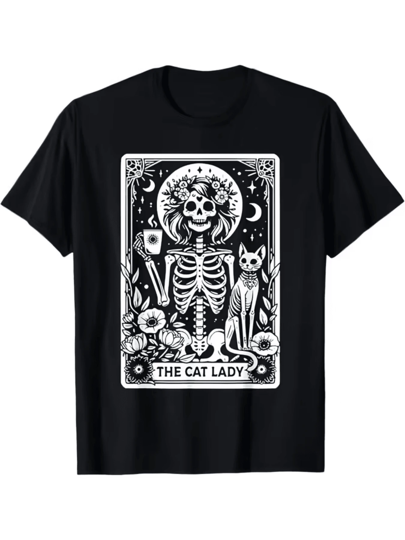 Figure Of A Skeleton Woman Surrounded By Flowers, Cats, Moon, And Mystical Symbols Representing The Union Between Life And Death With A Spiritual Touch. Modern And Original Women's T-Shirt - 黑色 - 查看 1