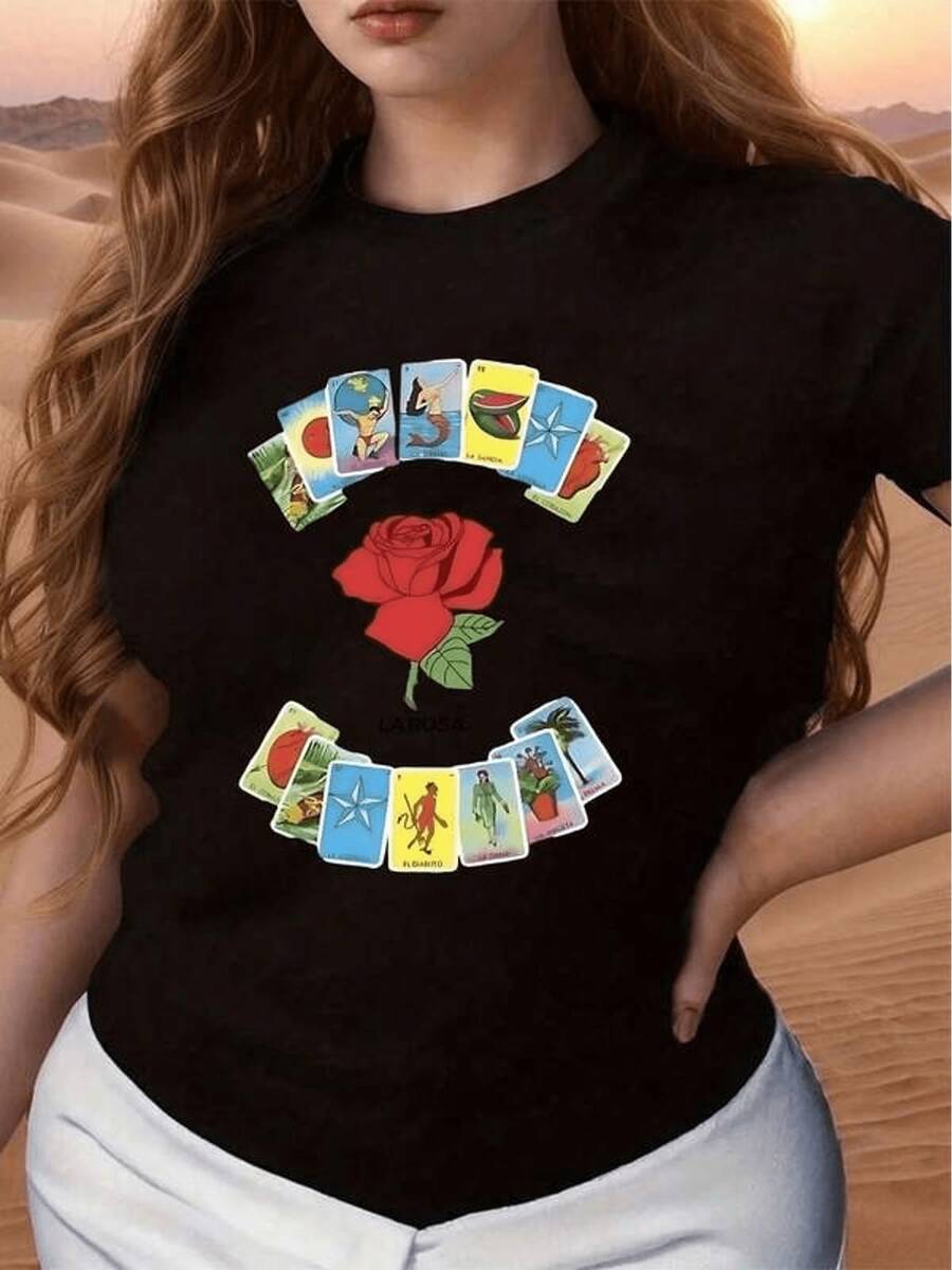 Women's Plus Size Crew Neck T-Shirt, Realistic Style With Cartoon Illustrations, Smooth Lines, Desert Sunset, Confident Woman In A Unique T-Shirt, Casual Women's Top, 100% - Versatile Basic T-Shirt For Everyday Wear. - 黑色 - 查看 1