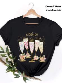 Golden Powder Five Goblets Loose Versatile Fashionable Casual Summer Short-Sleeved Top - Black - View 1