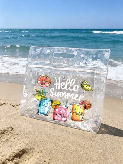 1PC Fashionable Large Capacity Clear Beach Bag, Waterproof PVC Jelly Tote Bag With Drink Print For Women, Perfect For Summer Vacation & Pool Party,For Bathroom Essentials, Ideal For Storing Shampoo, Lotion, Cosmetics, Adding A Stylish & Practical Touch To Travel/Daily Use, Suitable For Travelers, Commuters, Students, Beauty Enthusiasts, Perfect For Travel Trips, Gym Sessions, Hotel Stays, Daily Bathroom Storage, Versatile As Toiletry Organizer