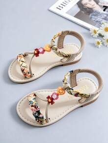 1 Pair Beige Fashion Children's Sandals, Girls' Flat Sandals, Bohemian , Colorful Woven Straps, Multiple Decorative Accessories, Lightweight & Comfortable, Soft Non-Slip Sole, Suitable For Summer Outings, Banquets, Beach Parties, Weddings, Vacations, Daily Wear, Beach Sandals, Girls' Sandals - Red - View 4