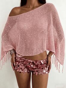 Suéter de punto rosa para mujer, primavera/verano, para vacaciones en la playa e isla, cuello amplio, multiusos, calado, con borlas, bajo asimétrico, holgado, para banquete, calle, versátil, casual, con protección solar, tipo cover-up - Rosa - Ver 4