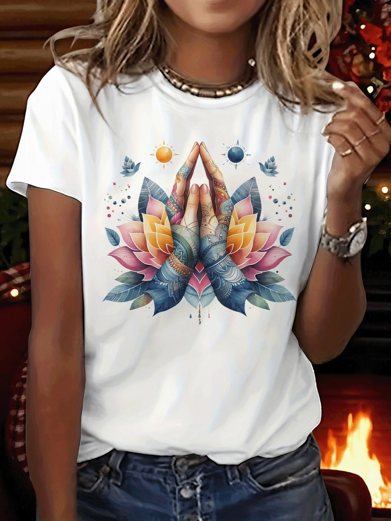 Camiseta gráfica vintage con diseño de loto y 'Namaste' para mujer, perfecta para uso casual en verano y primavera, inspirada en los estilos de los años 80 y 90 - [Blanco] - Ver 1