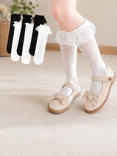 6 Pairs Toddler Girls' Lace Ruffle Trim Breathable Mesh Princess Long Socks, Children Girls' Casual Soft Socks