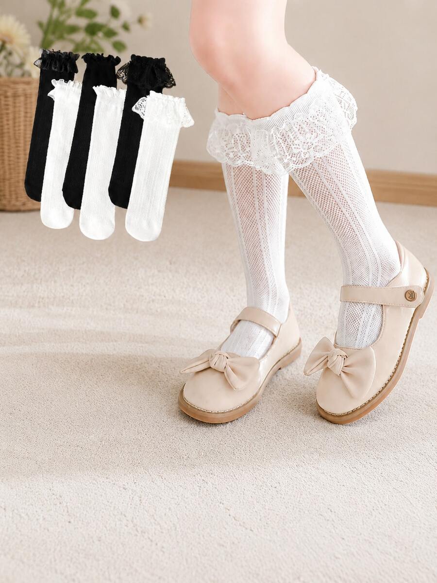 6 đôi tất dài đến đầu gối viền ren xếp nếp cho bé gái, tất dài thoáng khí kiểu công chúa, tất mềm mại thoải mái cho bé gái mặc hàng ngày. - Nhiều màu - Xem 1