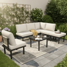 Set Of 6 Garden Lounge Chairs With Galvanized Iron Frame, Rope Garden Furniture Set, Beige Braided Rope, Adjustable Legs, Smooth Glass Tabletop, Includes All Seat And Back Cushions, Beige - 米色 - 查看 3