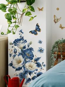 1 buah Stiker Dinding Motif Bunga Peony Ombre Putih & Biru, Semanggi, dan Kupu-kupu Emas, Dekorasi yang Dapat Dilepas untuk Kamar Tidur, Ruang Tamu - 1PC - View 3