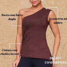 Blusa Feminina Nula Manca em Viscolycra Ombro Único Elegante Casual - Marrom - Visão 7