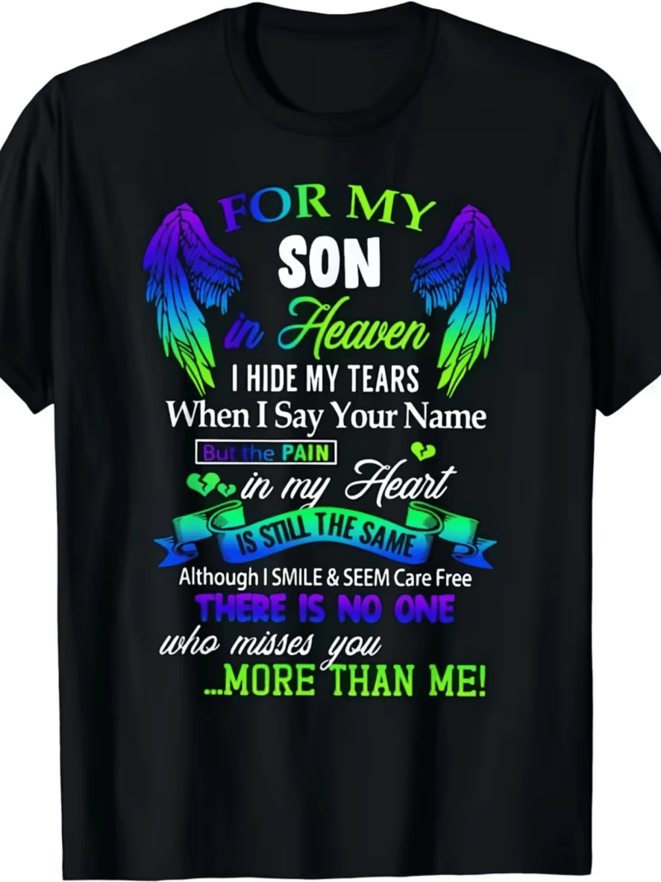 Colorful Wings Symbolizing Eternal Love And The Memory Of A Child Who Remains In The Heart With Hope And Sadness. Comfortable Casual Women's T-Shirt With An Emotional Message Of Heavenly Bond. - 黑色 - 查看 1