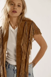 Women's Suede Tassel Vest 70s Hippie Outfit Sleeveless Open Front Vest Western Collar - Camel - Ver 6