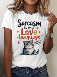 Camiseta de Mujer "El Sarcasmo es Mi Lenguaje del Amor" con Estampado de Gato - Top de Manga Corta con Cuello Redondo y Frase Sarcástica, Blusa Casual de Primavera-Verano para Mujeres - [Blanco] - Ver 6