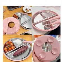 Bộ đồ ăn bằng thép không gỉ 5 món/1 chiếc kèm đế hút silicon - Đĩa chia ngăn cho bé sơ sinh và trẻ nhỏ, khay ăn chống trượt và chịu nhiệt, bền và chống rơi vỡ. - Màu Hồng baby - Xem 6