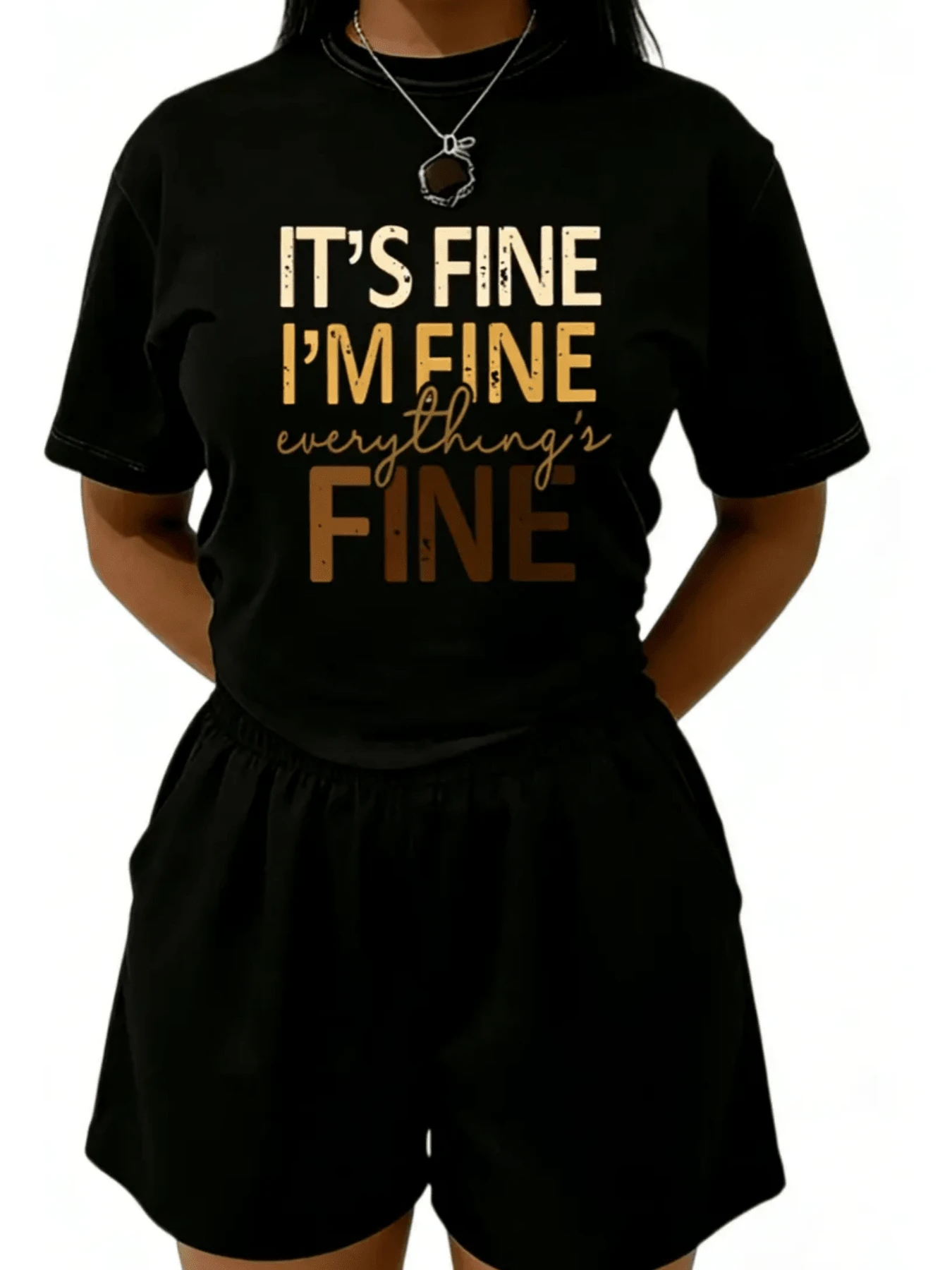 Motivational Phrase Expressing Optimism, Inner Strength, And Balance In Difficult Times, With Modern Gold Lettering. Comfortable And Elegant Casual Women's T-Shirt For Everyday Wear. - Black - View 1