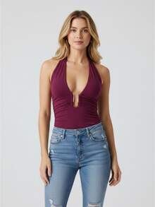 Women's Halter Neck Vest Summer Sleeveless Open Back Slim Ruched Tie Neck Tank Tops - Morado - Ver 1