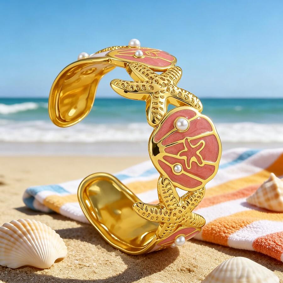 VceTd 1pc Vacation Style Enamel Craft Marine Life Design Stainless Steel Women's Bracelet Suitable For Beach Vacation Wear