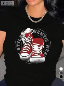 Two Crossed Red Sneakers Representing Youthful Energy And Movement With Authentic Textured Lines That Evoke Freedom And Urban Attitude; A Comfortable, Quick-Drying, Casual Women's T-Shirt For Everyday Wear - 黑色 - 查看 1