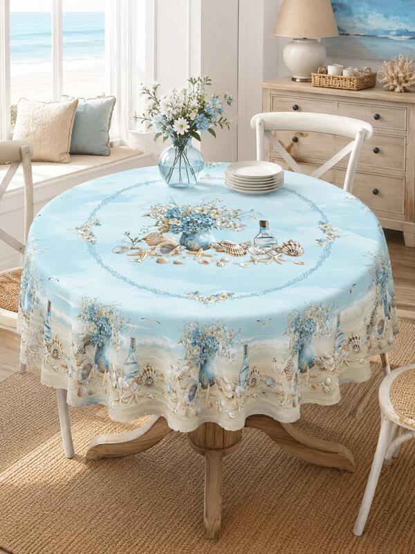 1pc Light Blue Beach Print Polyester Tablecloth, Starfish Shell Drift Bottle Floral Pattern, Round/Rectangular Optional, Wavy Edge Wrinkle-Resistant Waterproof, Suitable For Kitchen Dining Room, Outdoor Garden Patio, Vacation Party And All-Season Home Decor