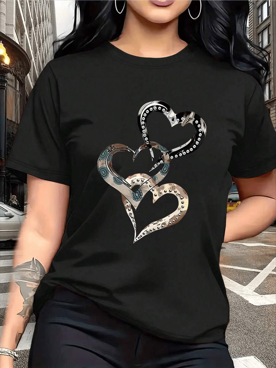 Corazones entrelazados que simbolizan unión fuerza y amor eterno con detalles metálicos que reflejan luz y energía positiva camiseta de mujer casual moderna para uso diario elegante y cómoda - Negro - Ver 1